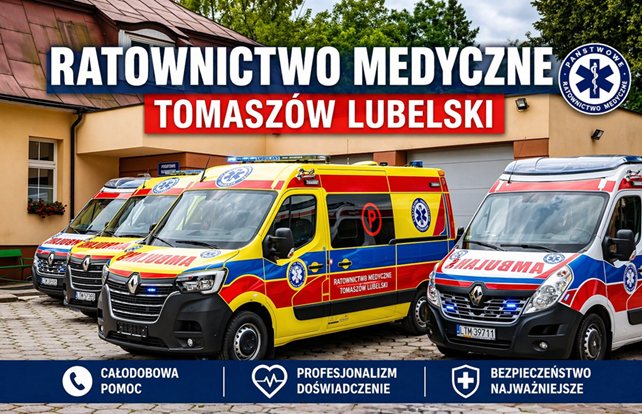 Zdjęcie przedstawiające karetki i napis Ratownictwo Medyczne Tomaszów Lubelski